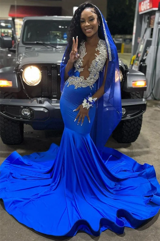 Royal Blue V-Neck Beading Mermaid Black Girl Evening Dress, DP2652