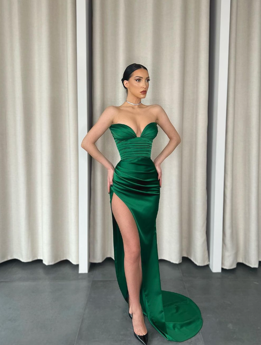 Green Sweatheart Satin Sheath Long Party Dress with High Slit, DP2635