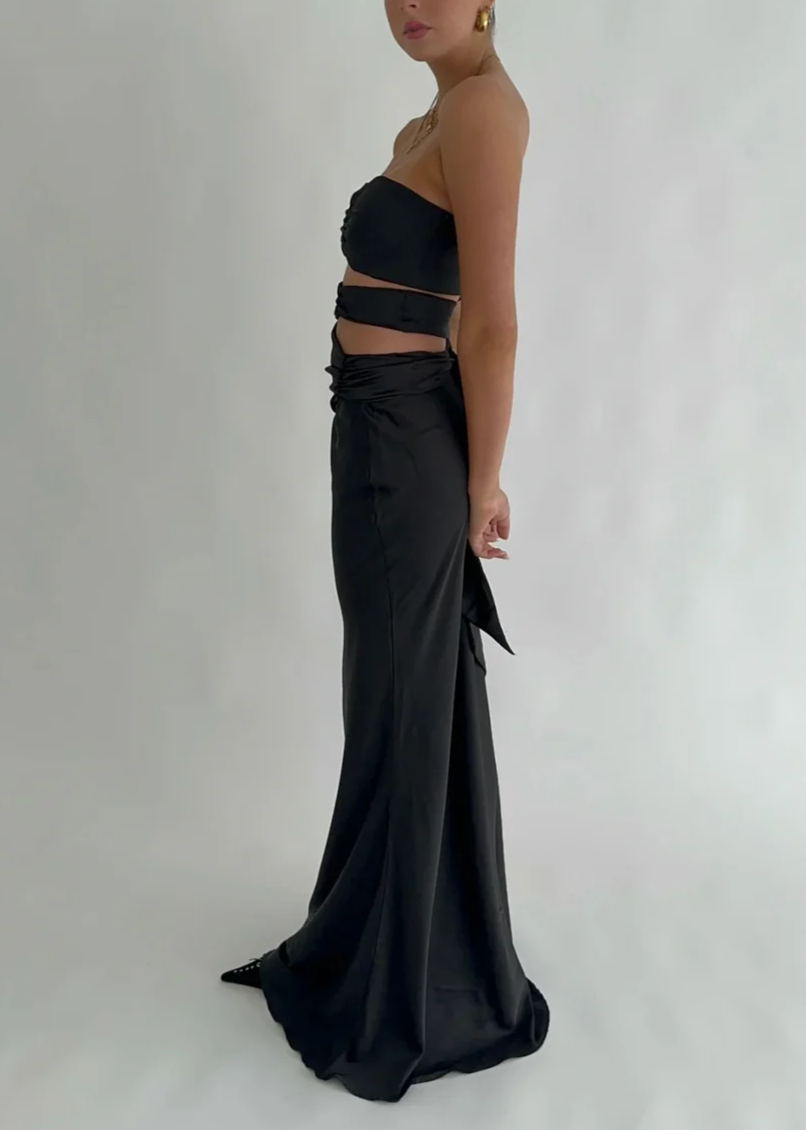 Black Strapless Satin Classy Simple Long Party Dress, DP2630