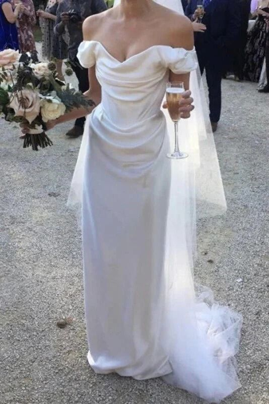 White Off Shoulder Satin Simple Light Wedding Dress, DP2706