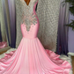 Chic High Neck Pink Long Mermaid Beading Black Girl Prom Dress, DP2309