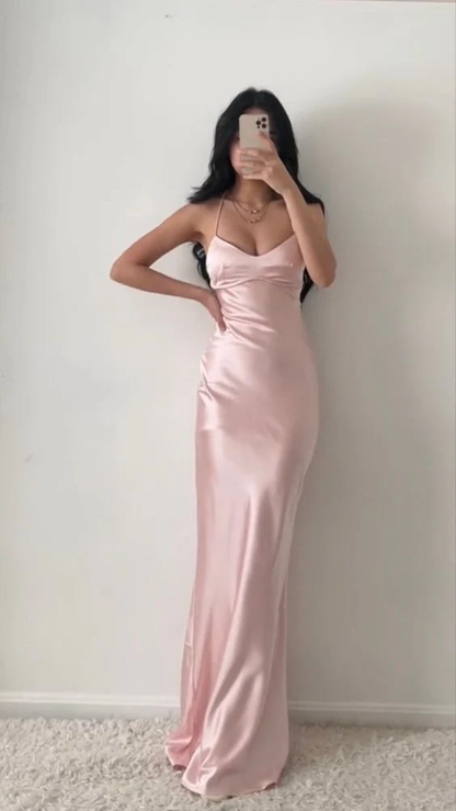 Light Pink Satin Sheath Elegant Simple Long Party Dress, DP2444