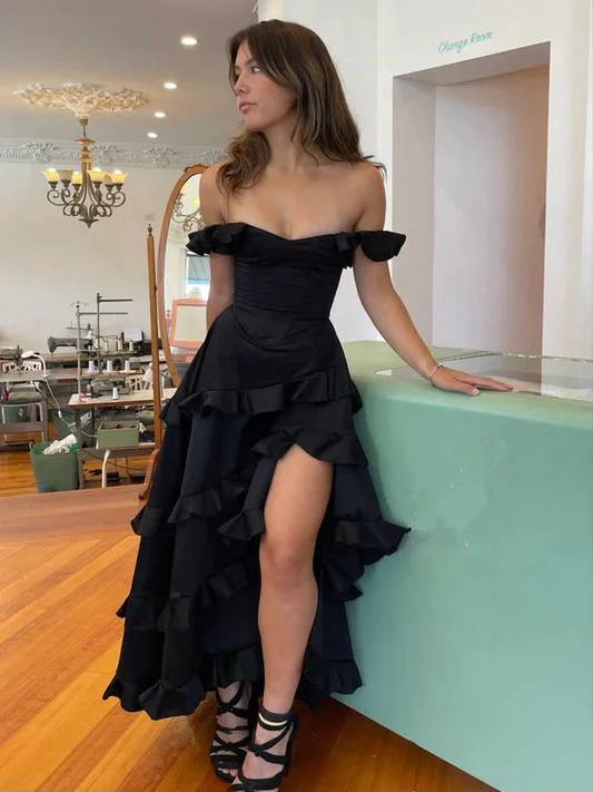 Black Off Shoulder A-Line Ruffle Long Prom Dress with Slit, DP2643