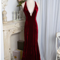 Wine Red Halter Beading Velvet Mermaid Long Party Dress, DP2660