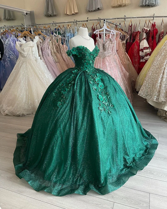 Green Off Shoulder Floral Appliques Quinceanera Dress Sweet 16 Ball Gown, DP2612
