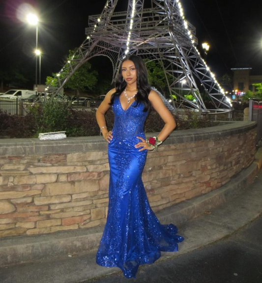 Royal Blue Straps V Neck Mermaid Black Girl Formal Prom Dress, DP2593