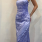 Lilac Spaghetti Straps Beading Satin Vintage Long Party Dress, DP2500