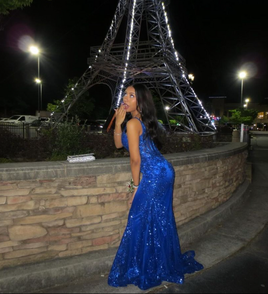 Royal Blue Straps V Neck Mermaid Black Girl Formal Prom Dress, DP2593