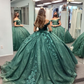 Green Off Shoulder Floral Appliques Quinceanera Dress Sweet 16 Ball Gown, DP2612