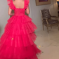 Fuchsia Tiered Ruffles Tulle A-Line Long Party Dress, DP2012