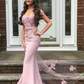 Pink Satin Mermaid Long Lace Prom Dress Bridesmaid Dress,DP0222