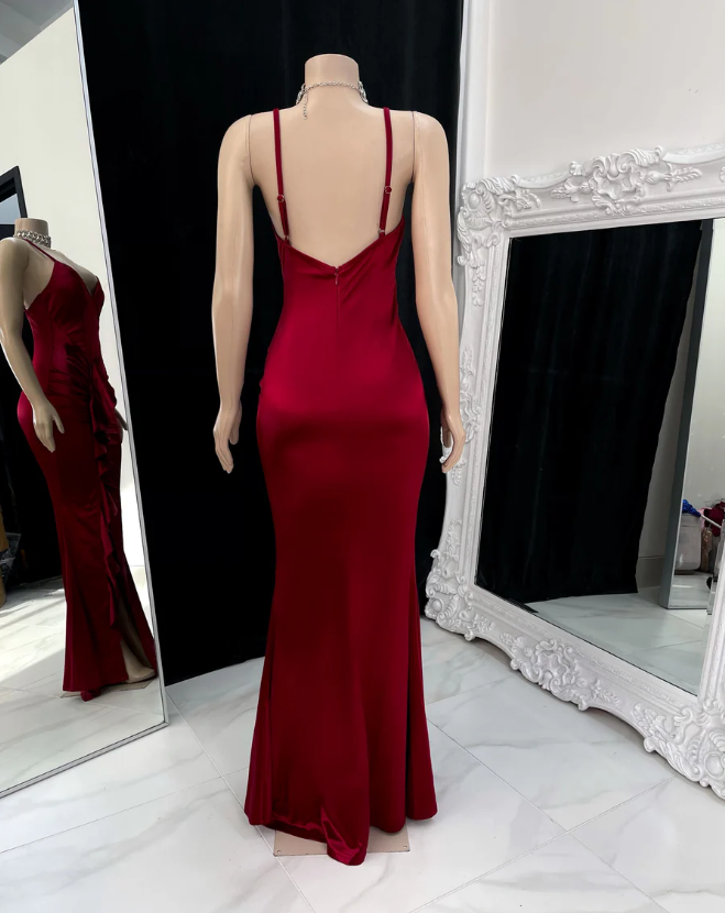 Wine Red Straps Ruffles V Neck Long Prom Dress with Slit, DP2609
