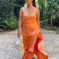 Orange A-Line Satin Layers Long Prom Dress with Slit, DP2571