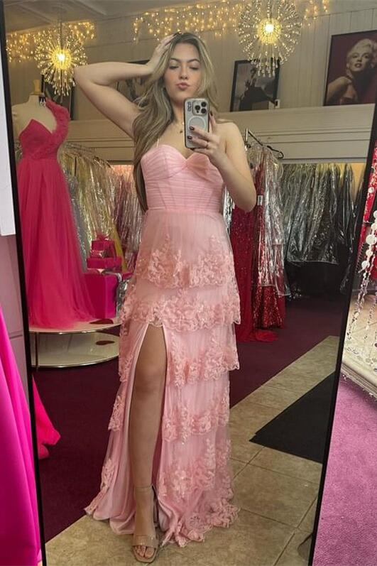 Pink Spaghetti Straps Tiered Long Prom Dress with Slit, DP2600