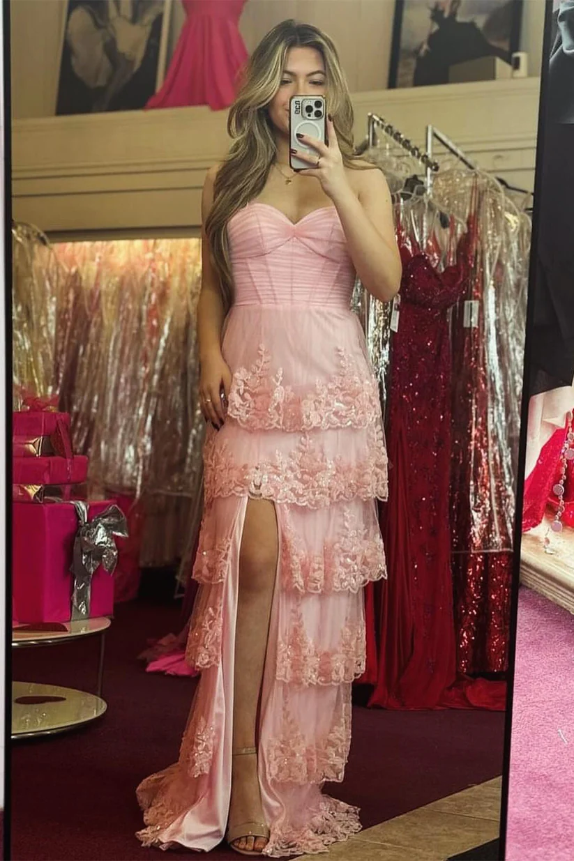 Pink Spaghetti Straps Tiered Long Prom Dress with Slit, DP2600
