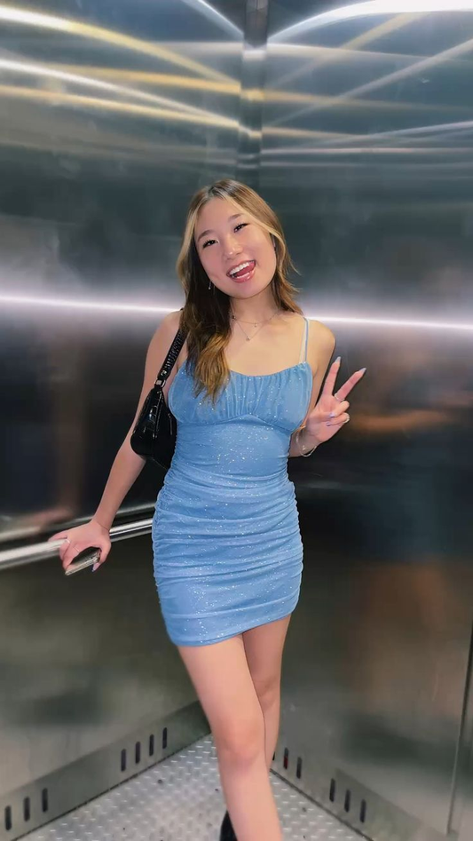 Shiny Blue Spaghetti Straps Cute Bodycon Homecoming Dress, DP2599