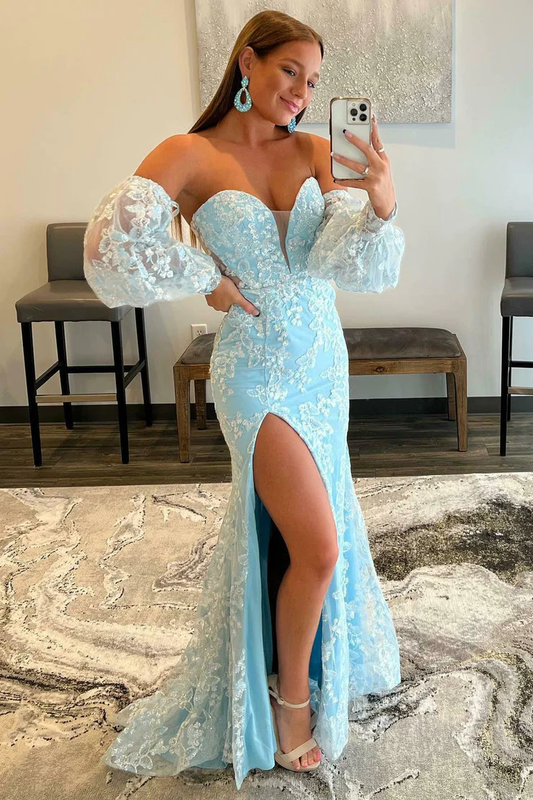 Light Blue Lace Strapless Puff Sleeve Long Prom Dress,DP0105