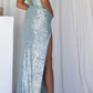 Light Blue Strapless Sequins Mermaid Long Prom Dress with Slit, DP2487