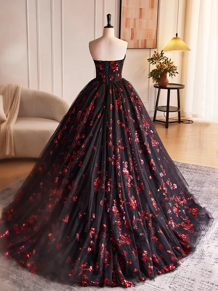 Black Tulle and Red Sequins A-Line Strapless Formal Party Dress Evening Gown, DP2479