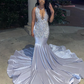 Sexy Mermaid Luxury Beaded Black Girl Silver Prom Party Formal Gowns, DP2380