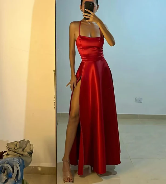 Charming Red A-Line Satin Long Party Dress with Slit, DP2445