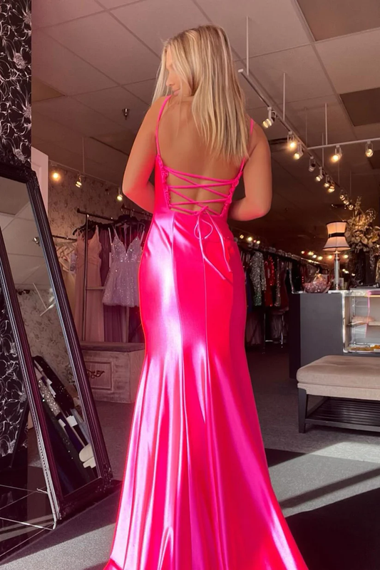 Hot Pink Satin Mermaid Long Prom Dress with Slit, DP2016