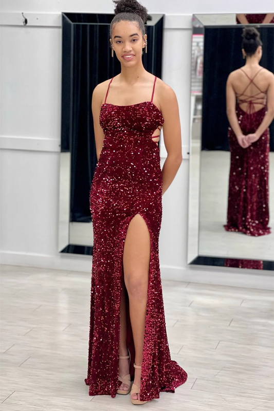 Burgundy Mermaid Lace-Up Back Sequins Long Prom Dress with Slit,DP034