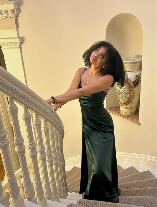 Dark Green Spaghetti Straps Formal Prom Dress with Slit, DP2543