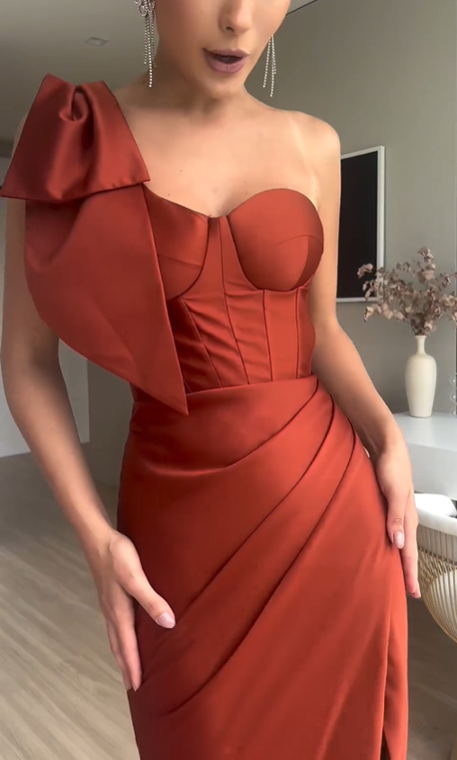 Rust Red One Shoulder Satin Long Prom Dress with Slit, DP2567