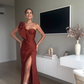 Rust Red One Shoulder Satin Long Prom Dress with Slit, DP2567