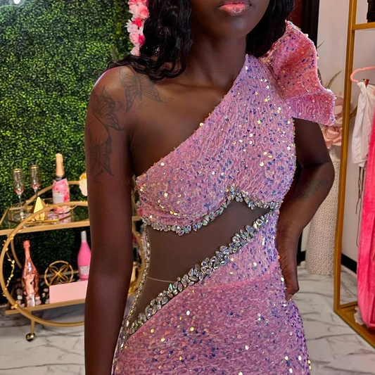 Pink Beaded Sequins Evening Dress One Shoulder Black Girl Formal Party Dress, DP2384