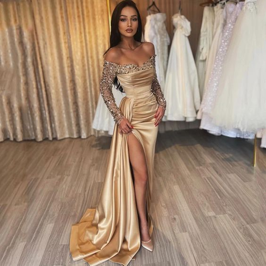 Sexy Mermaid Prom Dress Off The Shoulder Sequin Evening Dress Side Slit Party Prom Gowns,DP058