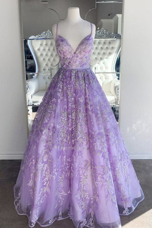 Gorgeous V Neck Thin Straps Purple Long Prom Dress Formal Ball Gown,DP0116