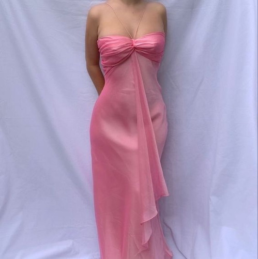 Sweet Pink Sweatheart Ruffle Vintage Chiffon Party Dress, DP2503