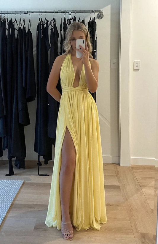 Yellow Deep V Neck A-Line Elegant Long Party Dress with Slit, DP2490