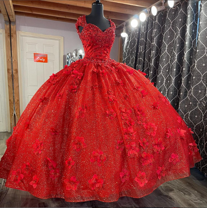 Gorgeous Red Beading Flower Sweet 16 Ball Gown Quinceanera Dress, DP2679