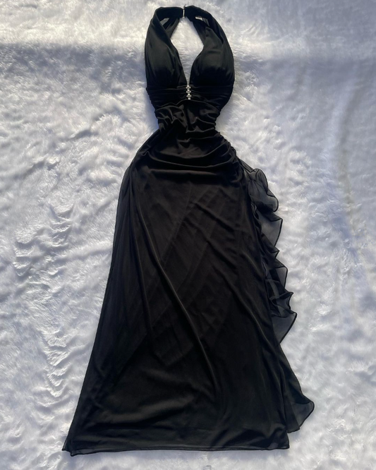 Elegant Black Ruffles Vintage Long Prom Dress , DP2566