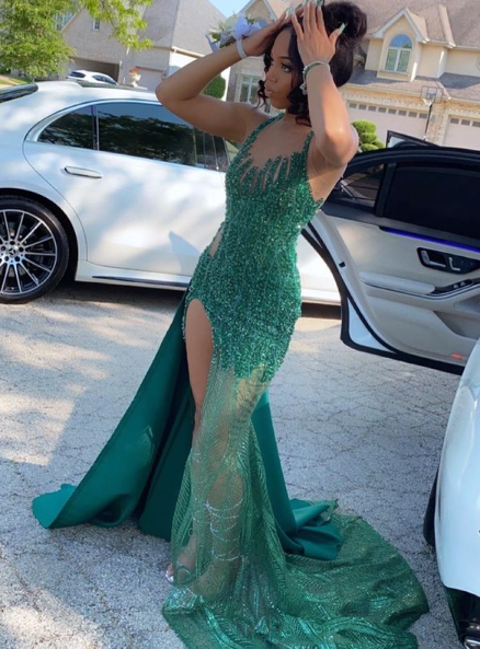 Black Girl Green Beading Long Prom Dress Party Dress With Slit,DP365