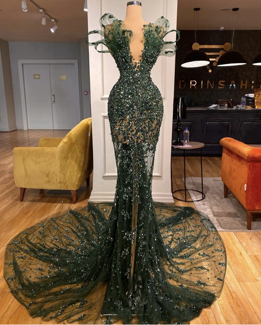 Gorgeous Dark Green Mermaid Sequins Beading Shiny Prom Dress,DP05