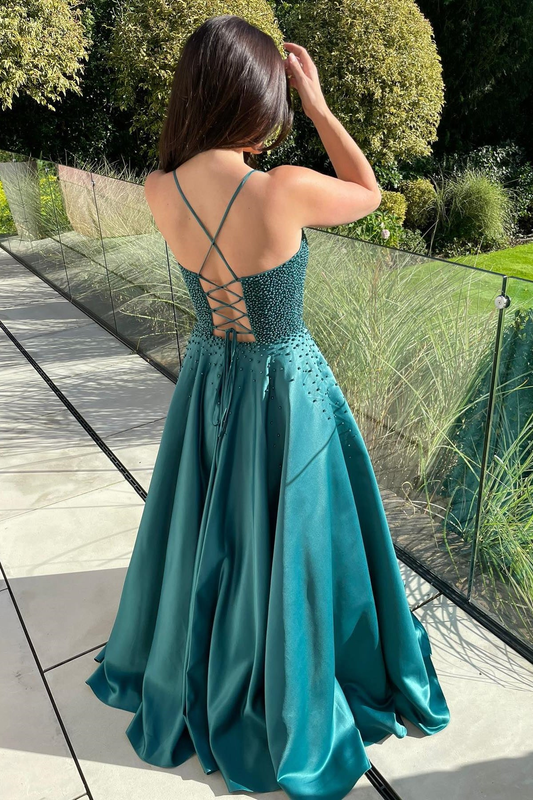 Green A-line Beaded Lace-Up Back Satin Long Prom Dress,DP023