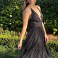 Black A-line Deep V Neck Cross Back Tulle Multi-Layers Long Prom Dress,DP041