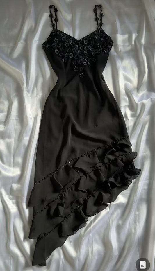 Black Vintage Spaghetti Straps Appliques Flower Formal Party Dress, DP2504