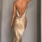 Champagne Gold Backless Satin Mermaid Long Party Dress, DP2488