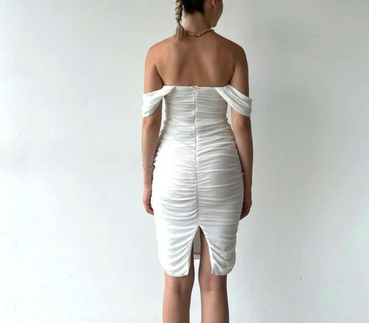 White Off Shoulder Elegant Evening Dress Cocktail Dress, DP2645