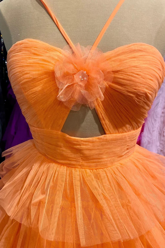 Orange Halter Tulle Tiered Short Party Dress A-Line Homecoming Dress, DP2326