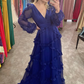 Regency Plunging V Neck Illusion Sleeves Ruffles A-line Long Prom Dress,DP032