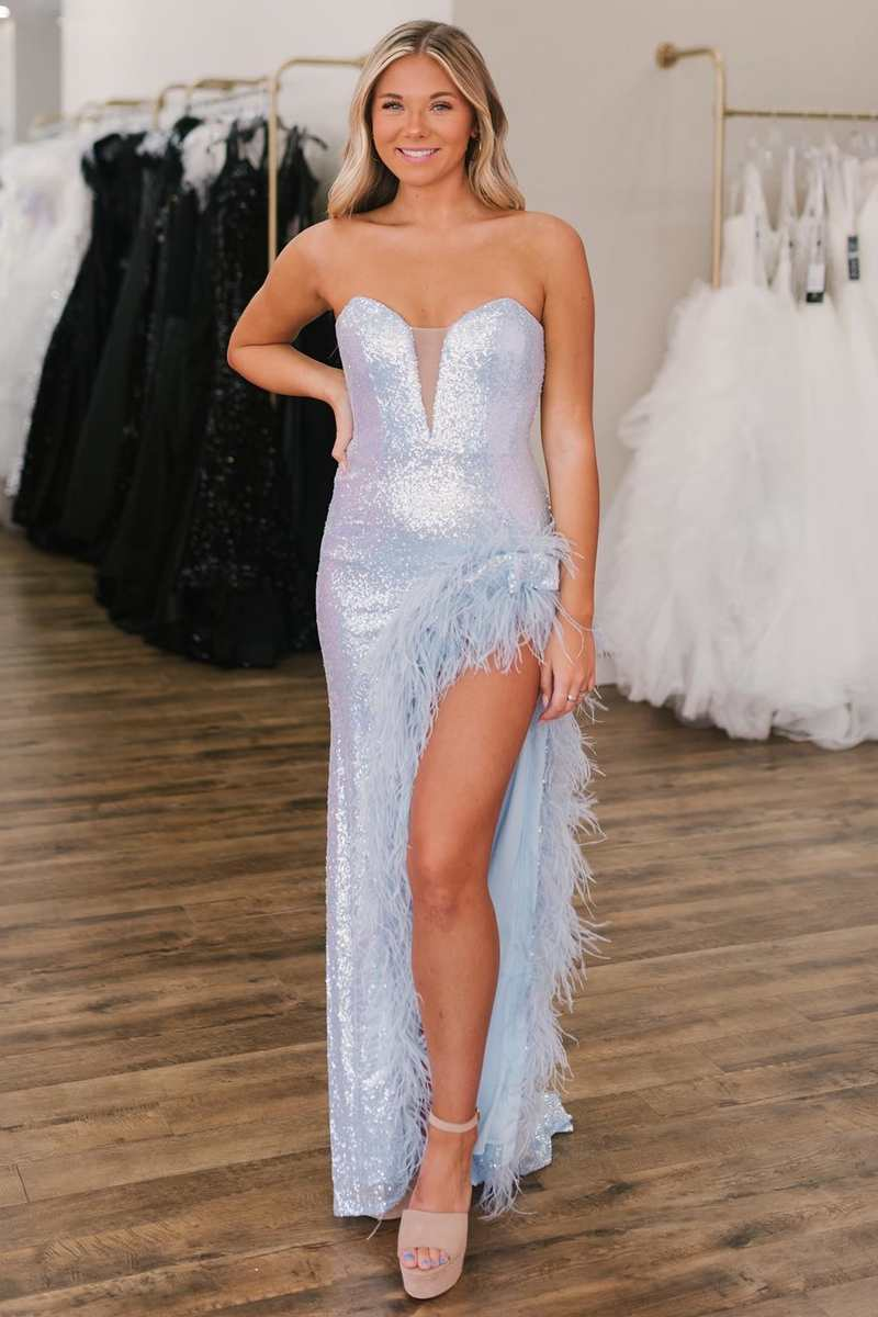 Light Blue Sequin Feather Strapless Mermaid Long Prom Dress,DP049