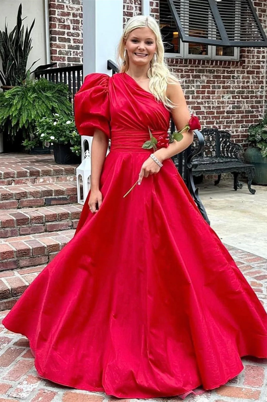 Red One Shoulder Puff Sleeve A-line Satin Long Prom Dress,DP027