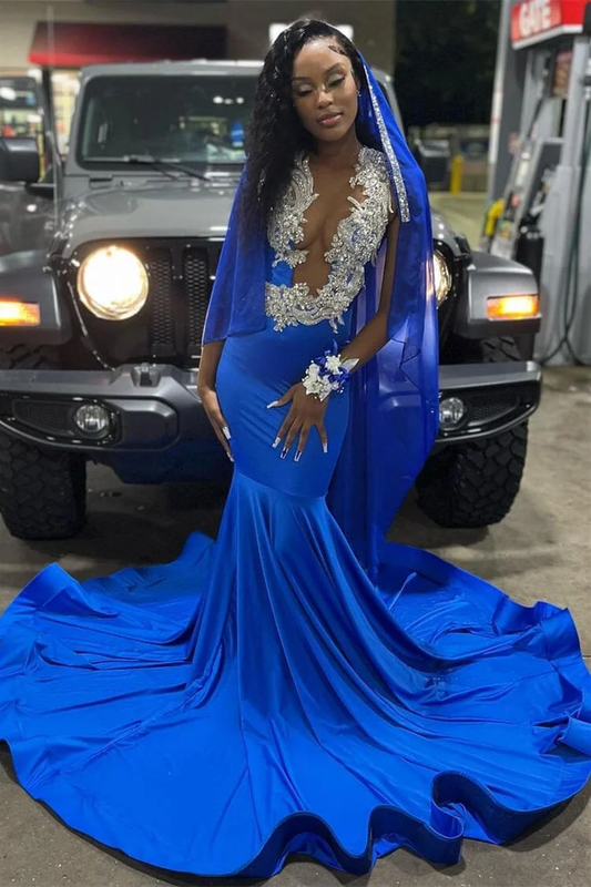 Royal Blue V-Neck Beading Mermaid Black Girl Evening Dress, DP2652