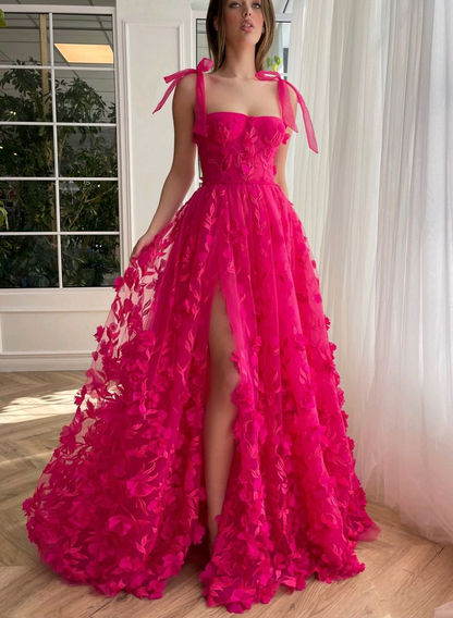 Fuchsia Tulle Prom Dresses Appliques Evening Party Gowns Spaghetti Straps,DP098